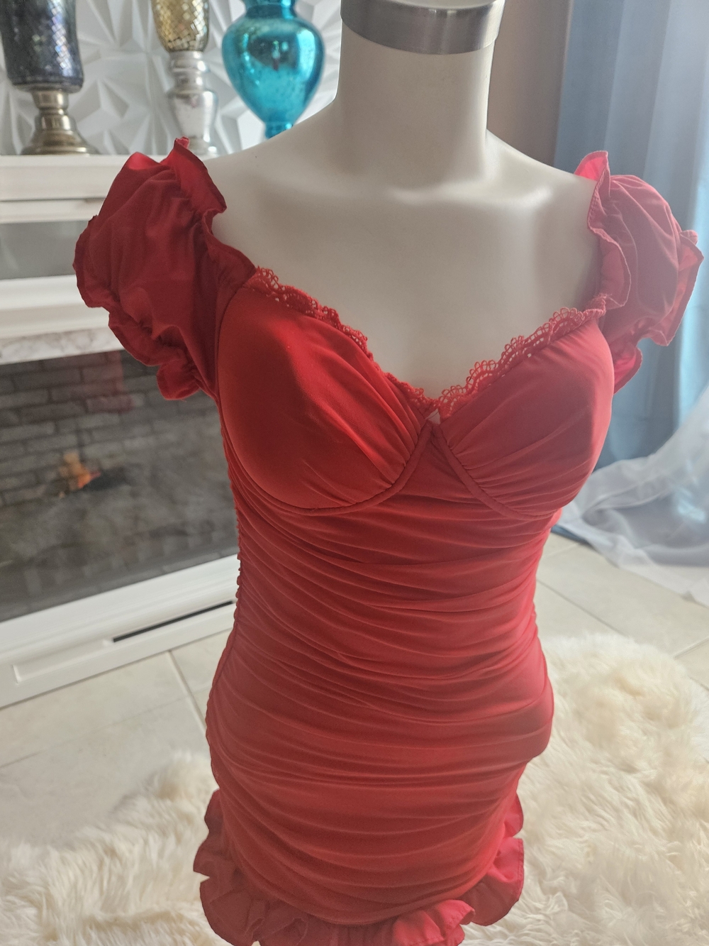 SHEIN Red Ruched Lace-Trim Mini Sleepdress with Puff Sleeves